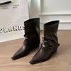 Botas Medievales Retro Francesas de Tacón Grueso hasta Media Pantorrilla para Mujer Otoño/Invierno 2026 Punta Fina Botas Fruncidas Botas Cortas Adelgazantes