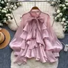 Blusa de chiffon estilo francês com manga sino e laço delicado para mulheres, top doce com babados, Outono 2026