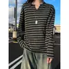 Camiseta Masculina Manga Longa Gola Henley Falsa Duas Peças Listrada Cinza Outono Patchwork Americano Moletom Tendência Camisa Base