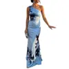 Vestido Largo de Un Hombro Estampado Azul de Marca Independiente Estilo Europeo y Americano Nuevo 2026 Elegante y Gracioso Vestido de Fiesta