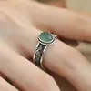Anillo de Plata de Ley S925 con Calcedonia Verde para Mujer, Estilo Palacio Chinoiserie Antiguo Nuevo Hojas de Bambú en Relieve Estilo Nicho de Gama Alta Ajustable