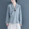 Camisa bordada de algodão e linho estilo chinês Camisa diagonal com botões artística feminina manga longa outono top hanfu estilo chinês roupas de chá