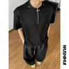 Camiseta de Manga Curta com Ombreira Meio Zíper Masculina Verão Novo Streetwear Americano Versão Coreana Preppy Europeu e Americano Atacado Transfronteiriço Tamanho Grande