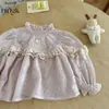 Camiseta de Algodão Manga Longa Menina Limão Mangas Bufantes Bordado de Renda Estilosa Infantil Menina Bud Top Primavera Outono