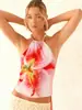 Moda Europeia e Americana 2025 Sexy Estilo Férias Top Regata Elegante Sem Costas com Alças Estampado Floral com Miçangas