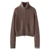 Cardigan de Cashmere 100% Puro com Zíper Duplo e Manga Longa Jaqueta Curta Feminina Suéter com Lapela Solto Casual Roupa de Fora Top Espesso