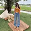 Jeans Anchos de Cintura Irregular Naranja Infantil para Mujer, Tiro Bajo, Holgados, Ajustados, Personalizados, Modernos y Versátiles Pantalones Rectos