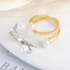 Anillo Minimalista Coreano de Perla para Mujer Anillo de Dedo Índice con Circonita Microincrustada Cruz Anillo de Cruz de Doble Capa