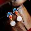 Ouro de Areia Vietnamita Estilo Chinês Coisas Boas com Nuvens Auspiciosas Pingente de Anel de Jade Branco Conjunto de Joias Colar Brincos