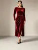 Vestido de otoño/invierno para mujer, de terciopelo, de manga larga, con cinturón de corbata, abertura y corte ajustado, longitud midi, de importación europea y americana