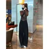 Deslumbrante Roupa de Outono para Mulheres, Elegante e Simples, Blusa de Manga Longa Slim com Decote V com Calça de Cintura Alta Wide Leg, Conjunto Elegante de Duas Peças Tendência