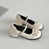 Sapatos Aumentadores de Altura Estilo Ballet Francês Salto Grosso Boca Rasa Pretos para Mulheres Verão 2025 Novo Estilo com Saia Mary Jane Couro Pequeno
