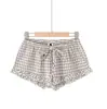 Shorts Xadrez de Cintura Baixa Feminino 2026 Verão Novo Estilo Casual Americano Cintura Elástica Cordão para Amarrar Hot Pants