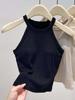 Top Regata Esportivo Feminino com Gola Halter e Alça, com Bojo Integrado, para Verão, Slim, Curto, Costurado, Sem Mangas, para Yoga