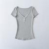 Deseo Puro Verano Nuevo Caliente Chica Cuello en V Manga Corta Camiseta de Mujer Ajustada Cintura Adelgazante Elástica Ceñida Reveladora del Cuerpo