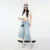 Jeans Azul Claro Americano Lavado Pierna Ancha Mujer Verano Cintura Alta Talla Grande Holgado Gordo mm Recto Shorts Tres Cuartos