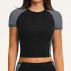 Camiseta de Amazon transfronteriza con bloques de color, mangas raglán, cuello redondo, manga corta deportiva, para correr al aire libre, fitness, yoga para mujer 2567