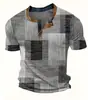 Camiseta retro de botão com meia-malha transpassada transfronteiriça, top pullover Henley casual de manga curta com estampa 3D slim fit para homens