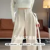 Pantalones de traje de pierna ancha con mezcla de lana estilo coreano para mujer 2026 Principios de otoño Versión estrecha extendida Espiga Caída Pierna ancha Pantalones blancos