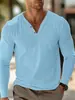 2025 Exportación Transfronteriza de Amazon Camiseta de Algodón y Lino de Manga Larga con Cuello en V para Hombre Otoño Casual Camisa Polo