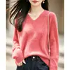 Suéter de punto de lana sin costuras con cuello en V para mujer, otoño e invierno, suéter holgado de manga larga de forro polar, top básico de estilo casual