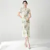Versão Melhorada do Novo Vestido Cheongsam Estilo Chinês, Lindo Vestido Midi com Fenda e Botões Verdes Estilo Chinês, Vestido Plissado Emagrecedor para Mulheres