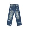 Nirben Jeans Denim Retro Americano Multi-furos Marca de Moda Masculina Design Solto Reto Calças Wide Leg