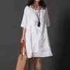 Vestido talla grande 2024 Estilo Artista para Mujer Holgado Bordado Manga Larga Algodón Lino Moda