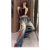 Comercio Exterior Transfronterizo ExclusivoDiseñado con Sentido de Estilo y Patchwork, Jeans de Primavera y Otoño con Cintura Elástica Retro, Piernas Anchas y Rayas de Estilo Americano