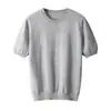Suéter de manga curta 100% lã pura para outono e inverno, camisa de cashmere gola redonda, malha de manga curta masculina, camiseta casual fina de manga três quartos