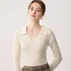Suéter de cachemira 100% pura con cuello polo para mujer, corte ajustado, elegante, adecuado para el trabajo, capa base de punto