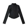 Jaqueta Cardigan de Veludo com Gola Alta e Zíper Duplo para Esportes e Fitness Outono e Inverno Ajuste Slim Barra Curva Top Moletom Curto para Mulheres