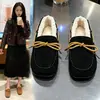 Sapatos slip-on femininos para o outono e inverno de 2026 com forro de fleece, quentes e aconchegantes, com laço, sola macia e forro de algodão felpudo