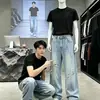 Jeans hechos a mano con efecto lavado y desgastado estilo retro americano para hombre, corte holgado de moda, texturizados, pantalones rectos versátiles para ir al trabajo