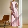Vestido Longo Feminino Novo de Cetim de Seda Primavera/Verão 2026, Gola Redonda, Elegante Acima do Joelho, Versátil Top Liso