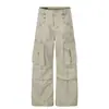 G60152 Calça de trabalho casual estilo retrô americano High Street com design de rebites e múltiplos bolsos, corte solto masculino