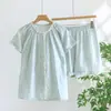 Conjunto de Pijama de Verano para Mujer, Delgado, Cuello Redondo, Algodón, Doble Capa de Gasa de Algodón Estampada, Manga Corta, Pantalones Cortos, Ropa para Casa
