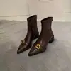 Botines de tacón grueso con punta de estilo francés para mujer 2026 Otoño/Invierno Nuevos Botines Adelgazantes Botas Individuales Cómodas Botas de Cuero Cálidas con Felpa