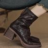 Botas Femininas Outono/Inverno 2025 Cabedal de Pele de Ovelha + Forro de Pele de Porco Estilo Retrô Francês Salto Grosso Grande Zíper Traseiro Bico Quadrado Botas Martin para Mulheres
