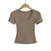 2024 Verano Nuevo Camiseta de Manga Corta con Cuello en U Grande Reveladora del Pecho para Mujer Spice Girls Pura Básica Ajustada Adelgazante