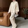 Chamarra Suéter con Cuello Alto y Cremallera Estilo Coreano para Mujer + Pantalones de Pierna Ancha Conjunto de Dos Piezas Otoño e Invierno Nuevo Traje de Punto Grueso Holgado