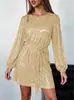 Vestido de Festa Versátil Novo de Primavera com Lantejoulas e Glitter, Gola Diagonal e Estampagem Dourada em Estilo Europeu e Americano para Mulheres