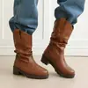 Botas de Media Pantorrilla para Mujer de Comercio Exterior Transfronterizo 2026, Punta Redonda, Tacón Grueso, Suela Gruesa, Tallas 34-45, Talla Grande, Botas de Motocicleta de Moda para Mujer