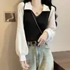 Top de punto retro francés de dos piezas falsas para mujer, diseño de cuello en V de otoño, sentido de diseño, costuras de nicho, manga abullonada, corto de punto