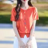 Diseño fresco y elegante con botones coloridos, top de verano de moda, camiseta de punto de manga corta, prendas de punto de moda estilo europeo para mujer