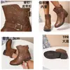 Botines metálicos perforados de estilo francés para motocicleta con punta redonda, tacón grueso, botines western marrones con cremallera y hebilla de cinturón, botines para mujer, zapatos de otoño e invierno