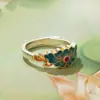 Anillo de Plata de Ley Plata Pura 999 Nuevo Estilo Chino Rosa Floral Esmalte Dorado Elegante Abierto Lujo Ligero Anillo para Dedo Índice