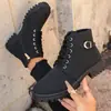 Nuevas botas cortas de tacón grueso para otoño e invierno, botas de mujer con cordones y punta redonda, botas cortas de tacón alto grueso de material gamuza