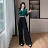 2026 Novo Macacão Elegante Estilo Francês Color Block Patchwork Estilo Deusa Calças Wide Leg com Cinto Preto Verde Bordado