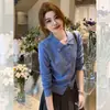 Cárdigan de punto elegante estilo coreano, cuello alto azul, de un solo pecho, manga larga - un top corto deslumbrante para los atuendos de otoño de mujer